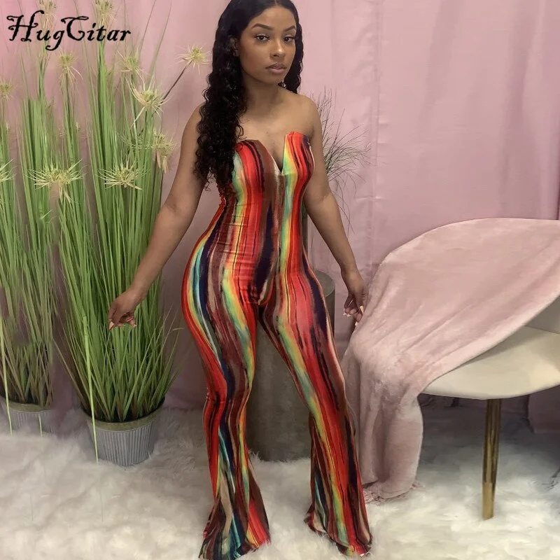 Hugcitar 2021 Sleeveless Multi-Color Backless Slash Neck Sexy Jumpsuit Summer Women Fashion Streetwear Outfits Club Romper