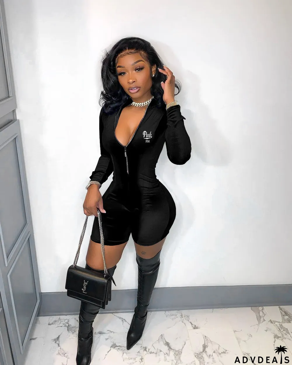 Velvet PINK Letter Print Zipper Long Sleeve Rompers