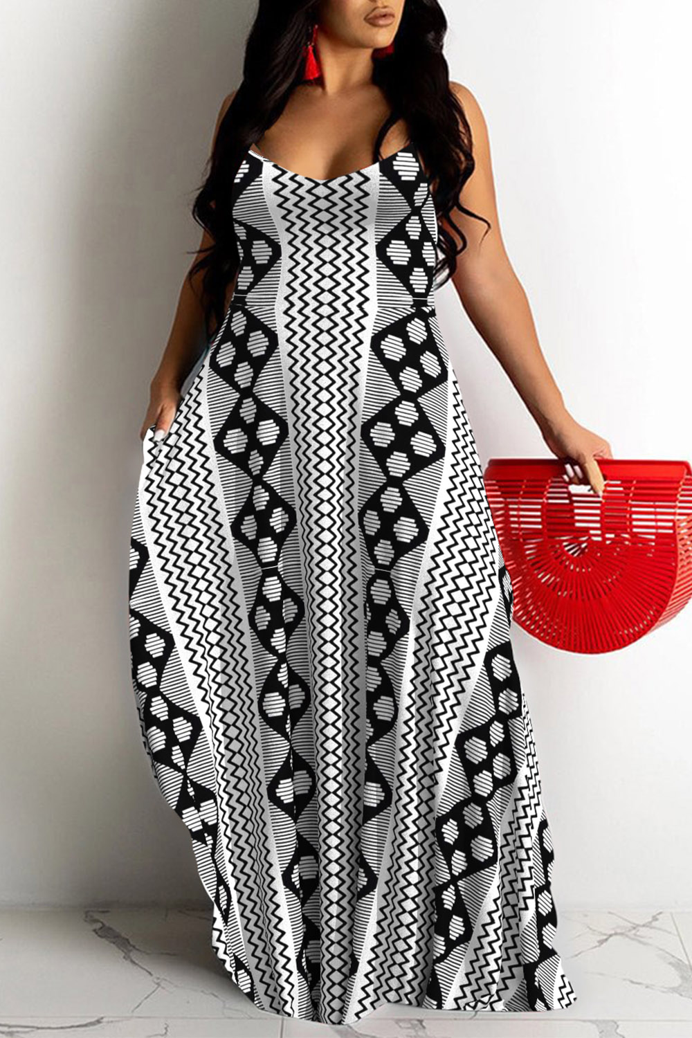 Plus Size Casual Black Geometric Print V Neck Sleeveless Pocket Maxi Dress [Pre-Order]