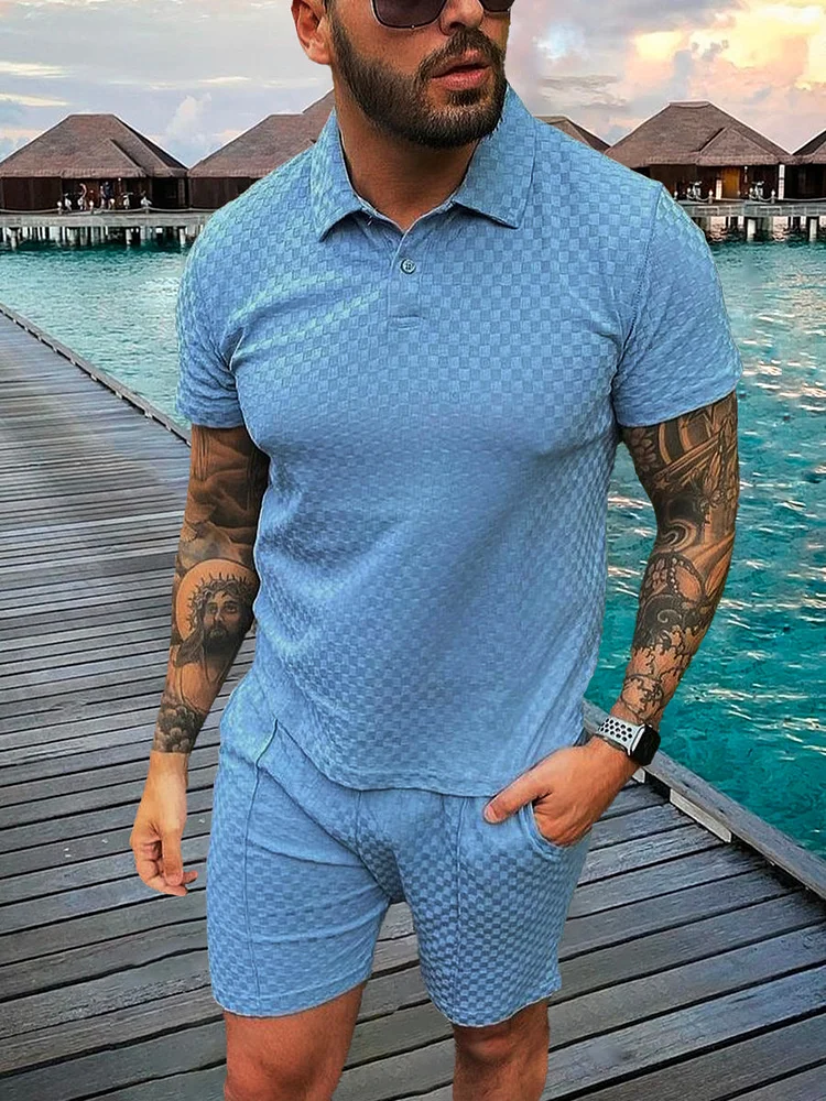 Men's Fashion Blue Printed Polo Suit