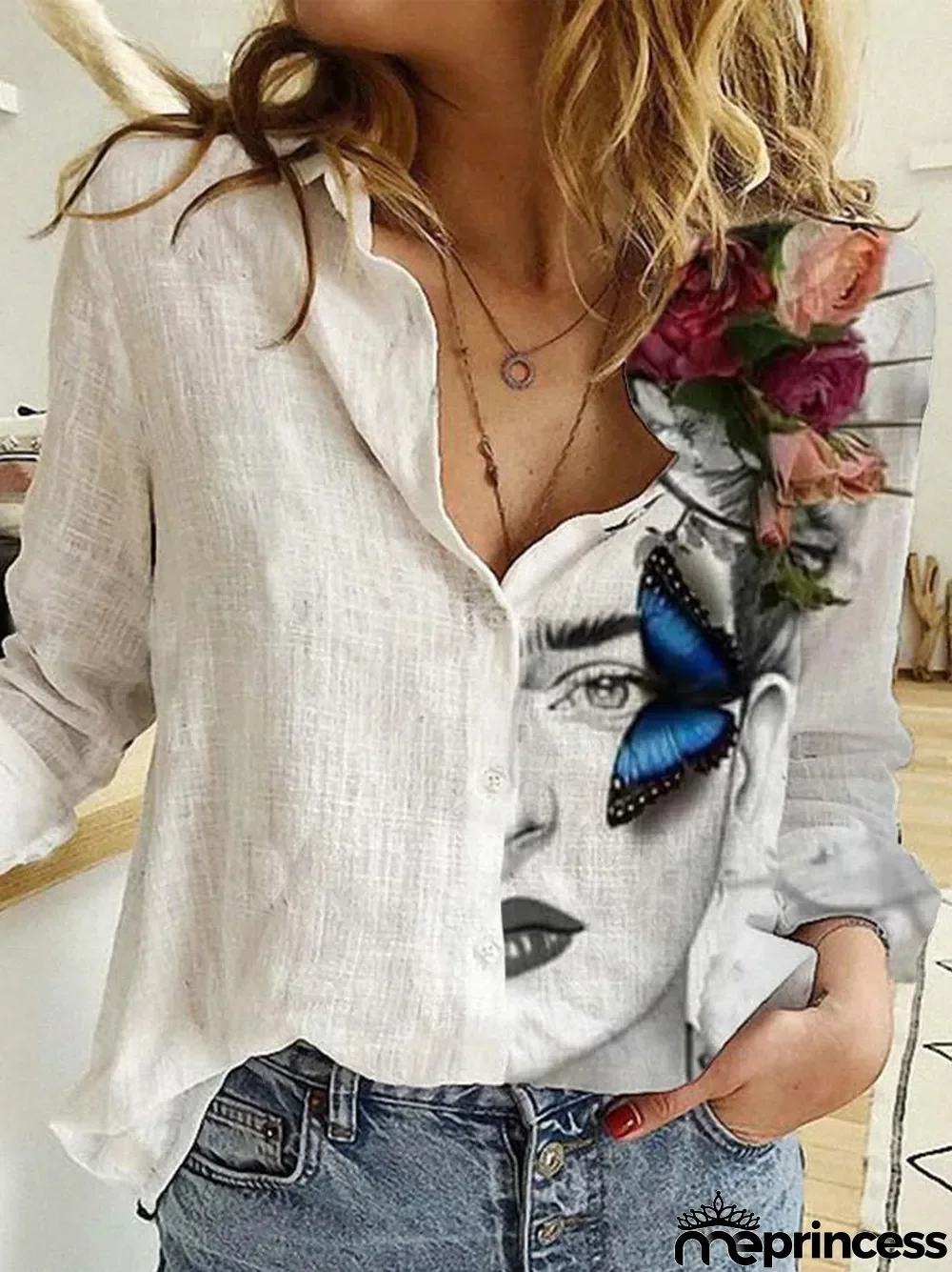 Ladies And Flower Printed Lapel Long Sleeve Shirt