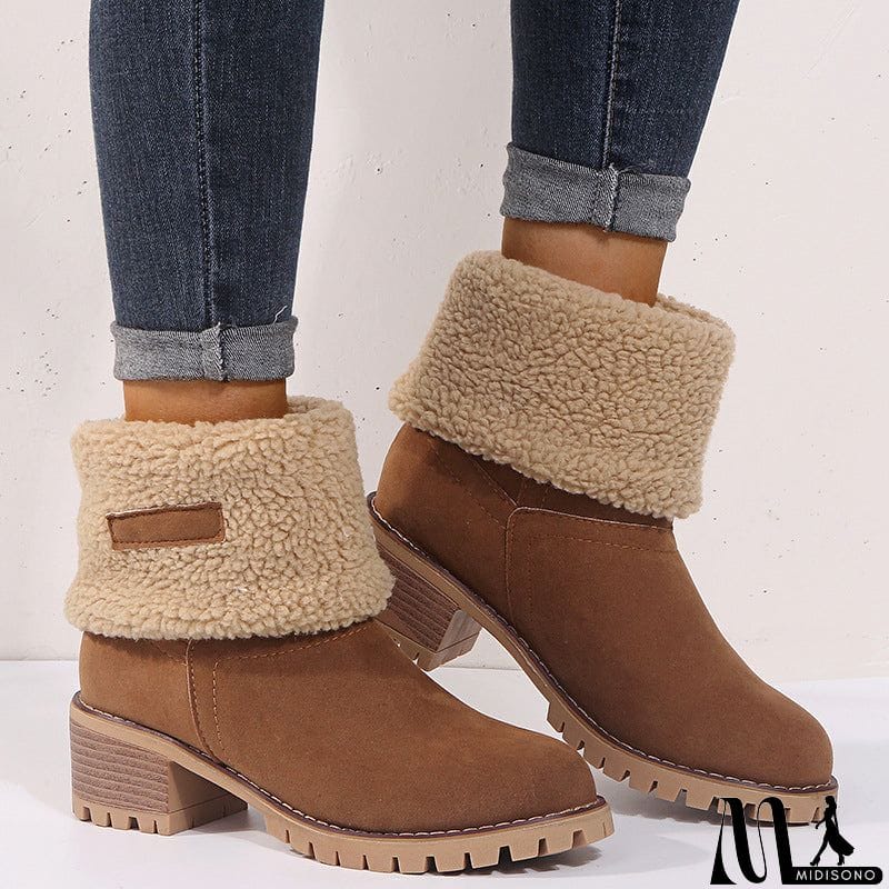 MidiSono - Warm Fur Lining Square Chunky Heel Suede Snow Boots for Women
