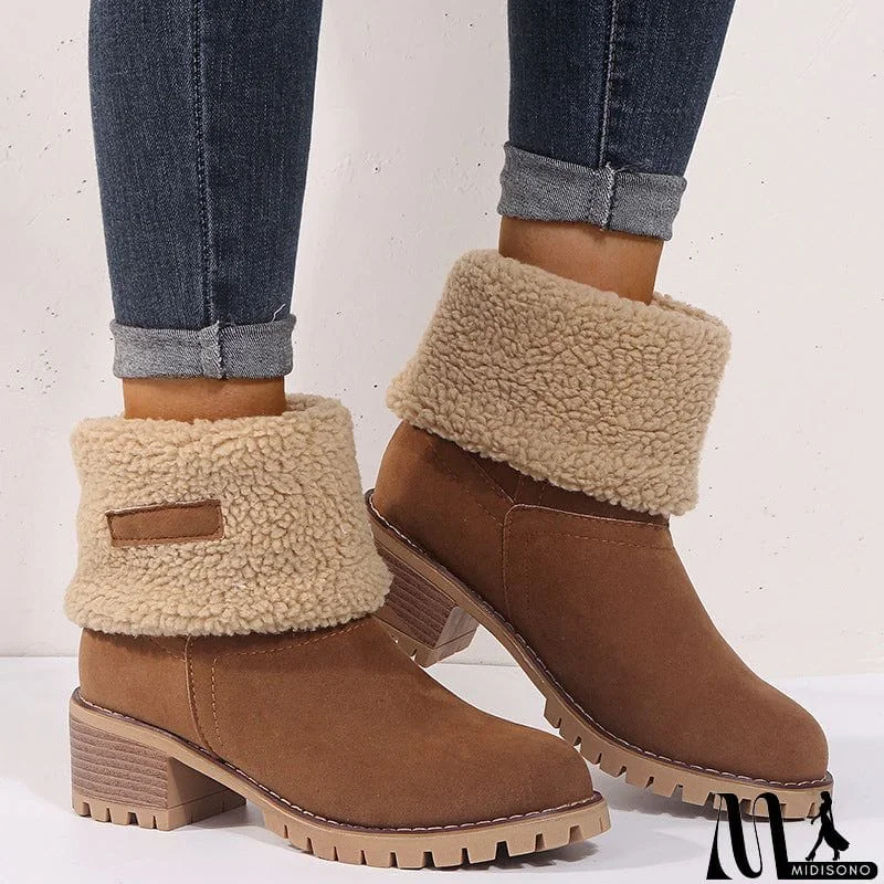 MidiSono - Warm Fur Lining Square Chunky Heel Suede Snow Boots for Women