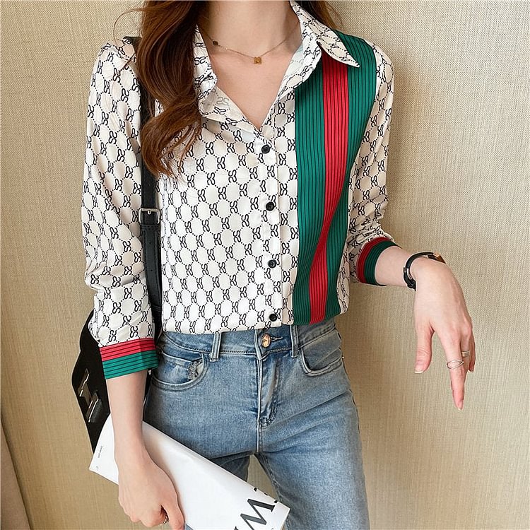 As Picture Printed Long Sleeve Geometric Shirts & Tops QueenFunky