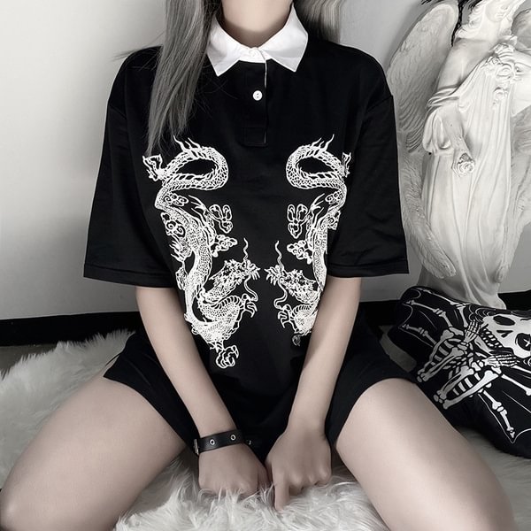 Gothic Style Dragon Pattern Lapel Top Women Polo Shirt Street Loose T-shirt - BlackFridayBuys