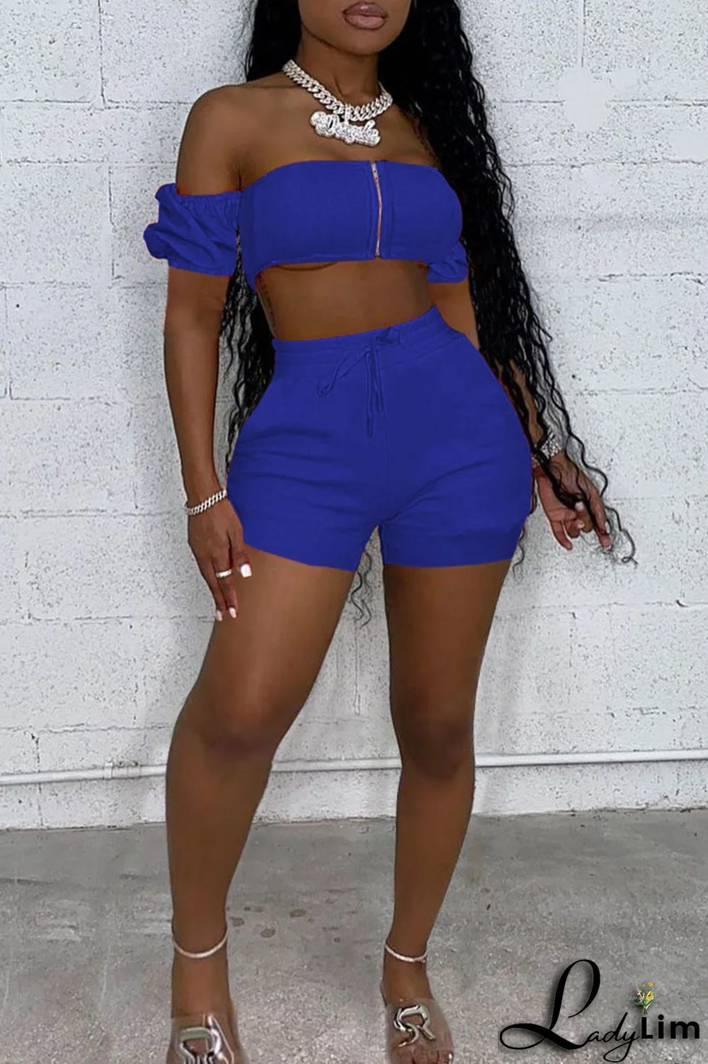 Rose Red Sexy Casual Solid Backless Off the Shoulder Short Sleeve Two Pieces