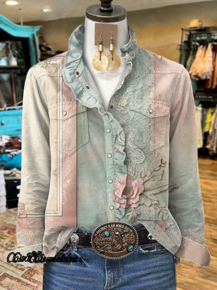 Women’s Vintage Flower Print Casual Long Sleeve Comfortable Cotton Shirt Multicolor / S