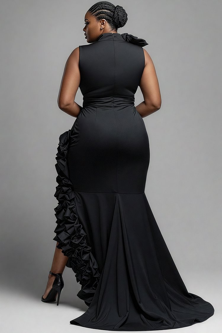 Xpluswear Design Plus Size Formal Black V Neck Split Elegant Ruffle Maxi Dresses [Pre-Order]