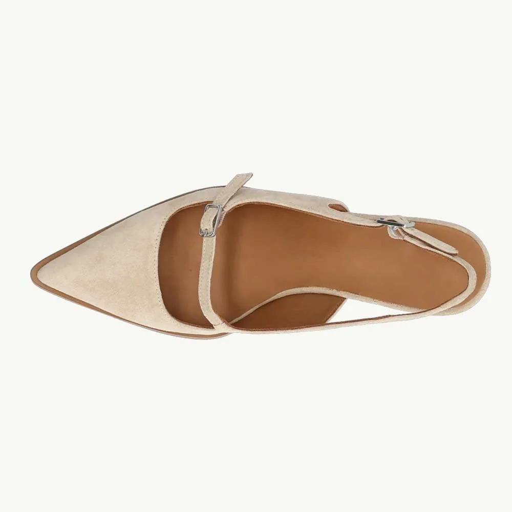 Elegant Beige Slingback Pumps Pointed Toe Buckle Strap Kitten Heels
