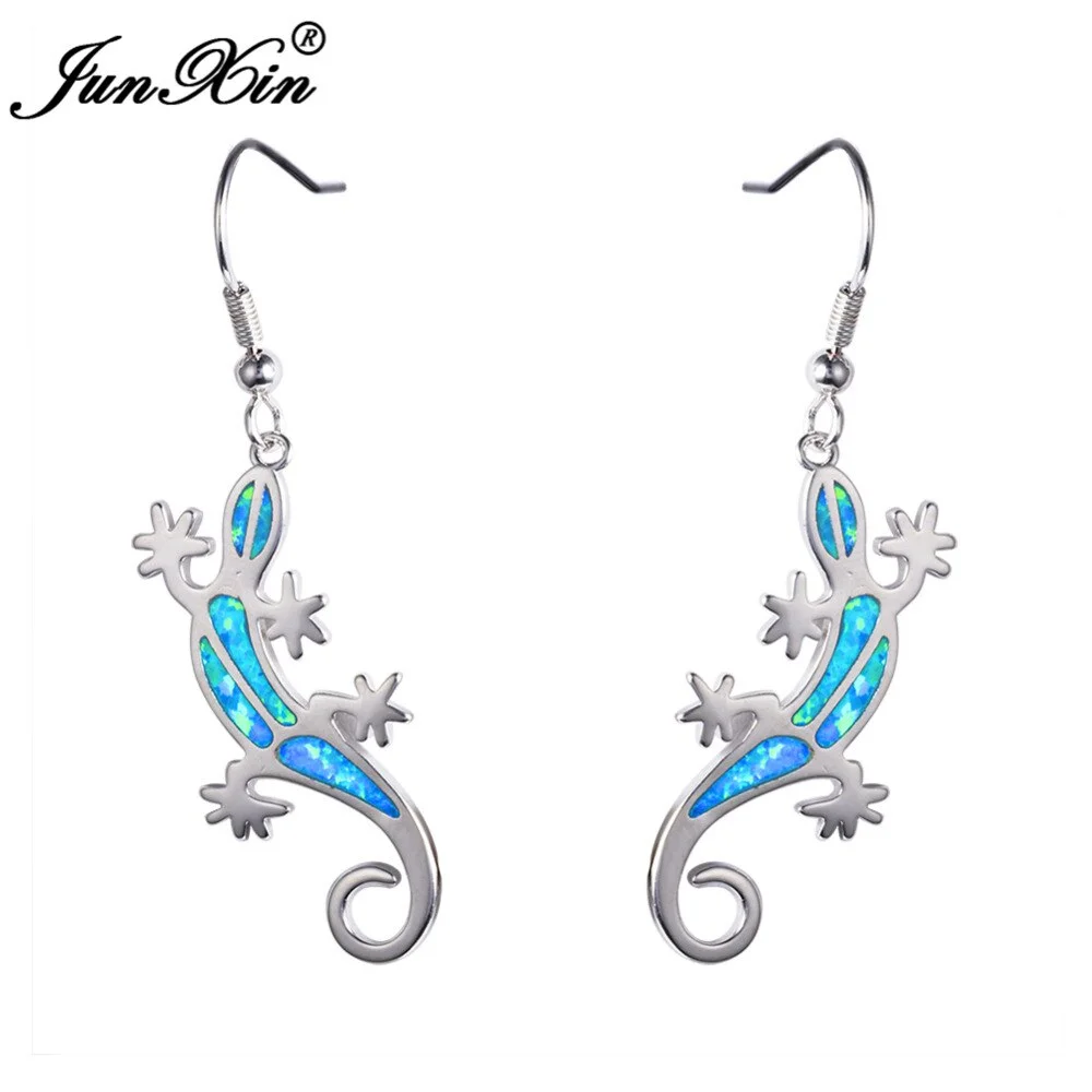 JUNXIN Gecko Blue Fire Opal Earring Ethnic Earrings Silver Color Double Earrings For Women Bague Femme