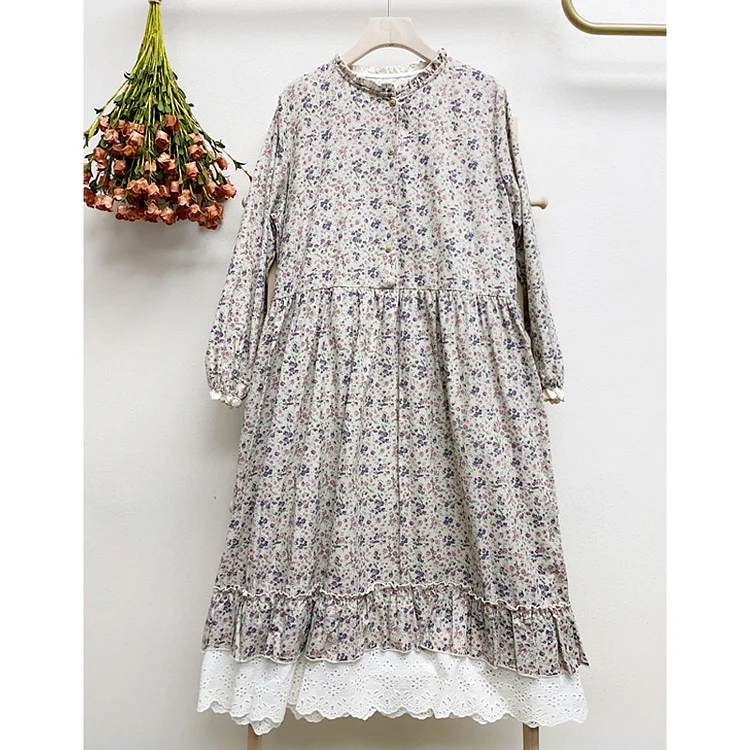 Simple Floral Printed Cotton Linen Long Sleeve Midi Dress - yankia