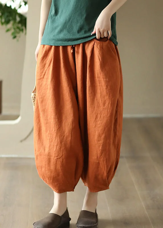 Organic Orange Elastic Waist Solid Linen Crop Pants