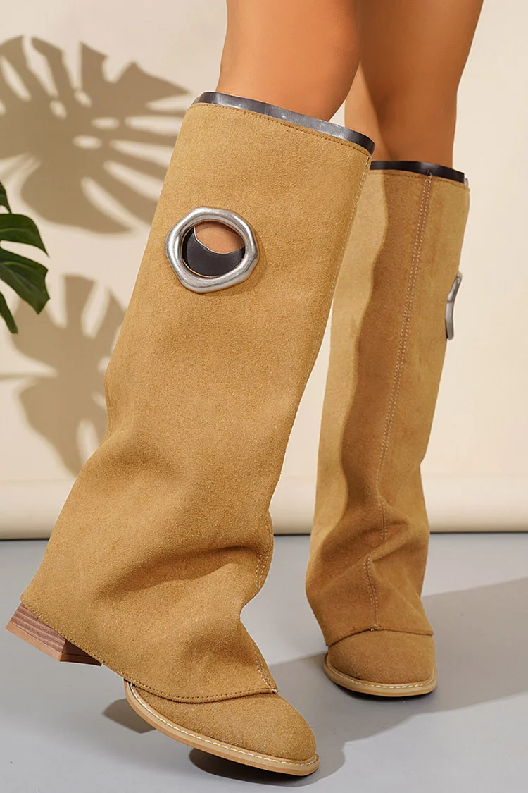 Metallic Eyelet Slouchy Round Toe Fold Block Heel Knee High Boots 2024 - Xpluswear