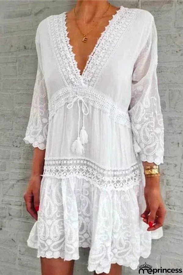 V Neck Lace Crochet Hollow Out Swing Dress