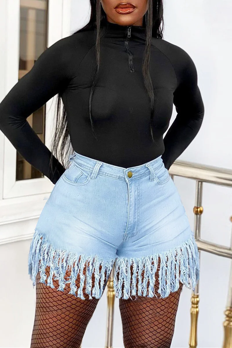 Light Blue Fashion Casual Solid Tassel High Waist Regular Jeans | EGEMISS