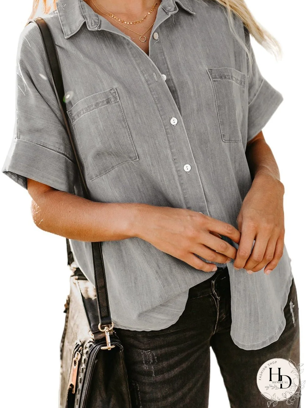 Chic Boyfriend Style Denim Shirt with Short Sleeves