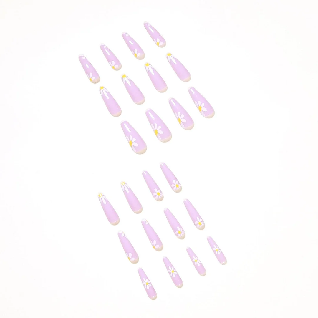Acrylic Nail Tips Small Daisies Pattern Nail Patch Glue Long Ballerina False Nails Full Cover Coffin Fake Nails Press On Nails-Nail Inspo