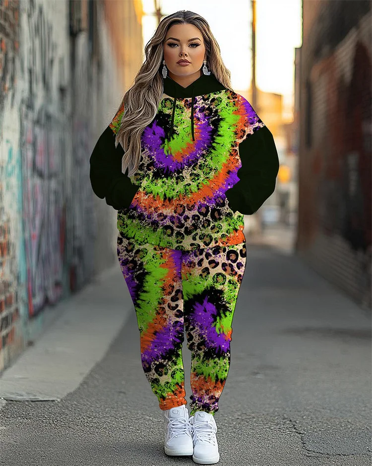 Women's Plus Size Tie-Dye Leopard Print Long-Sleeved Set
