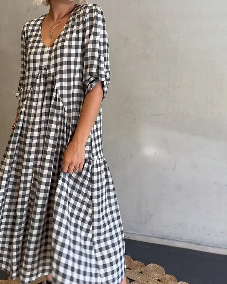 Gingham Print V-Neck Dress