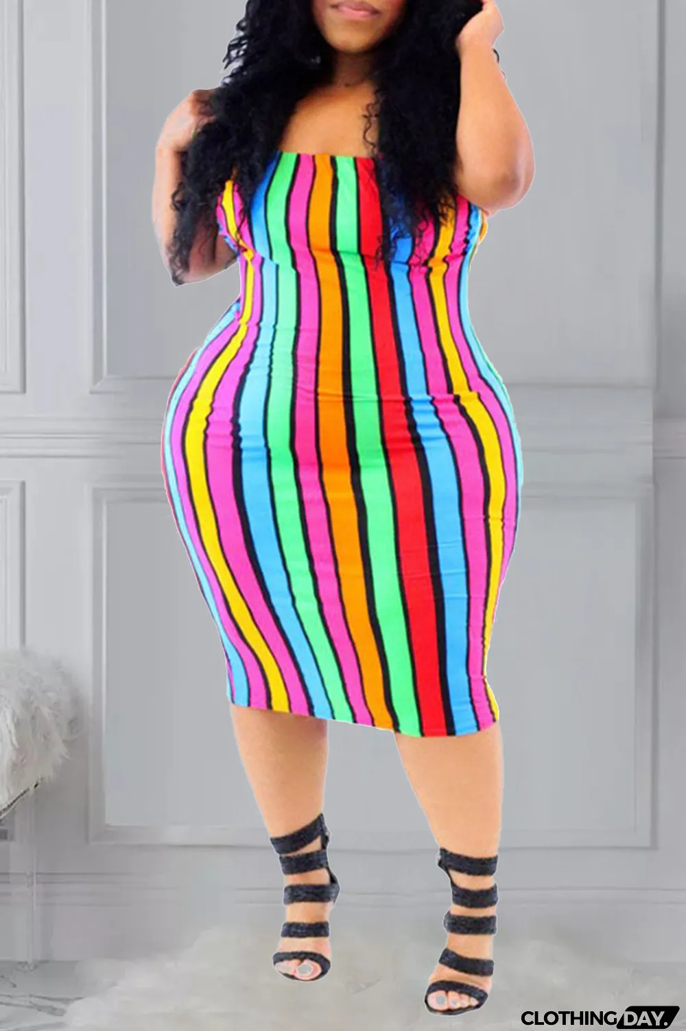 Colour Sexy Print Split Joint Strapless Pencil Skirt Plus Size Dresses