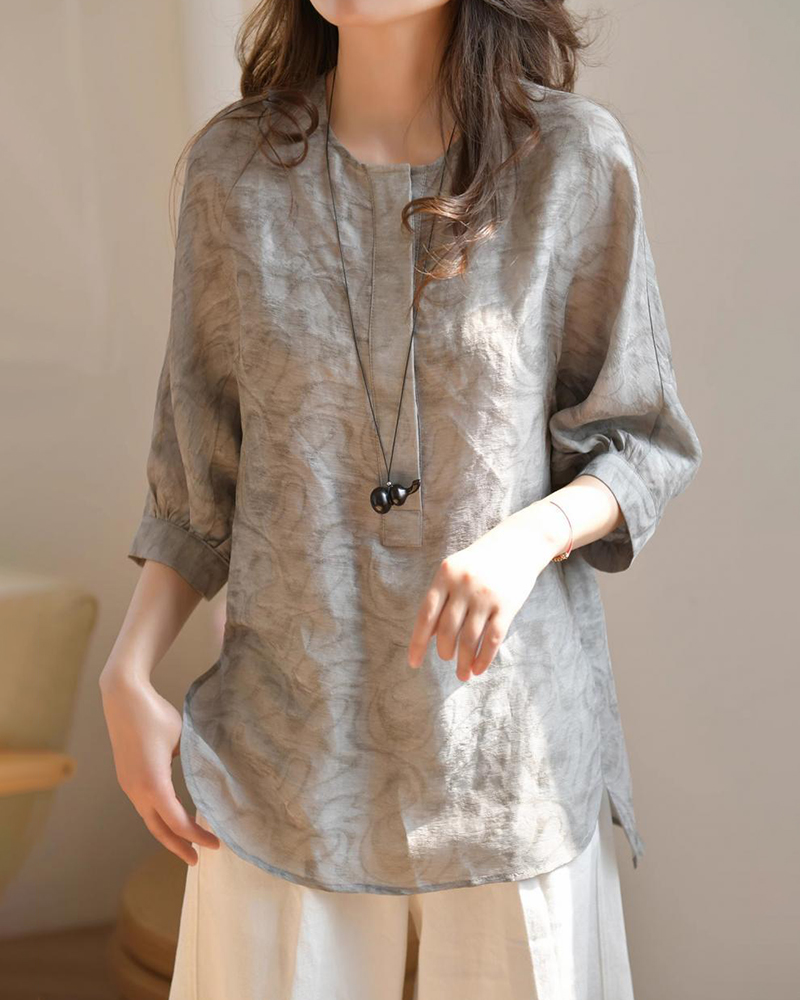 Swirling Pattern Round Neck Three Quarter Sleeve Top