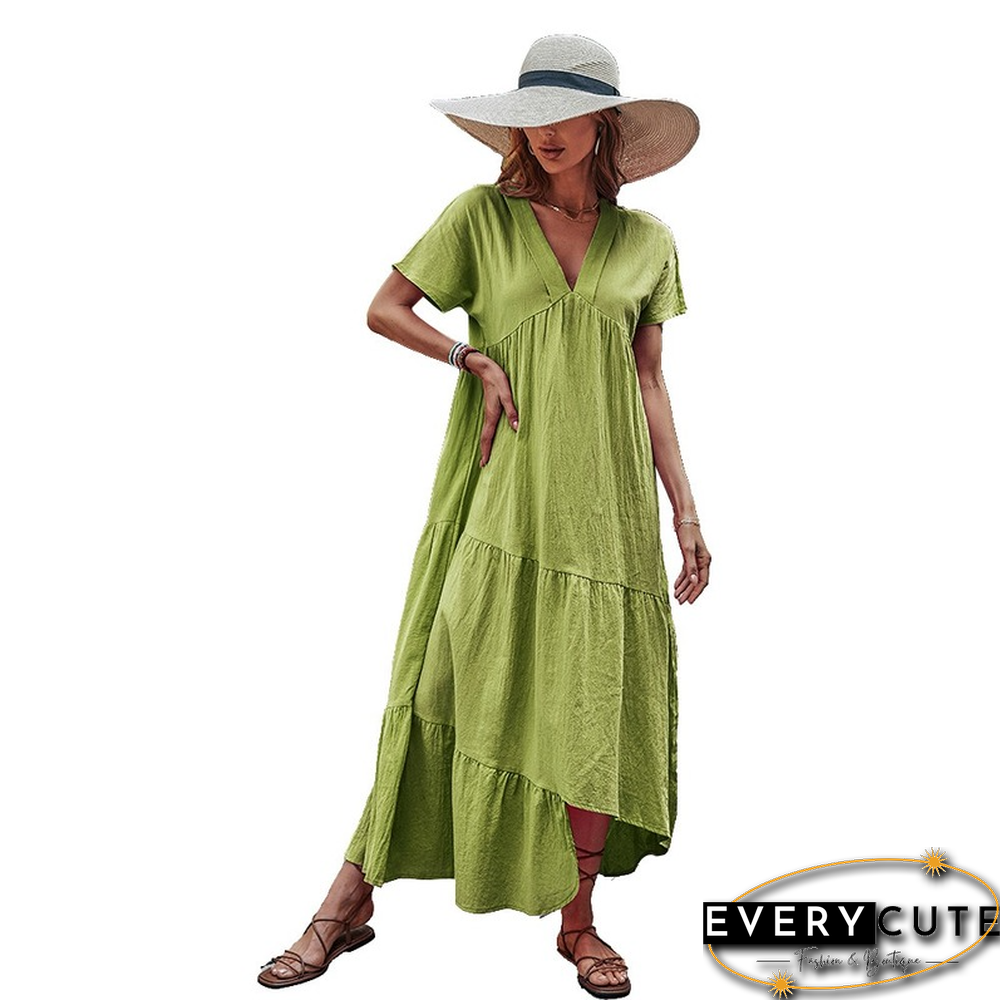 Elegant V-Neck Loose Solid Cotton A-Line Dress For Women Summer New