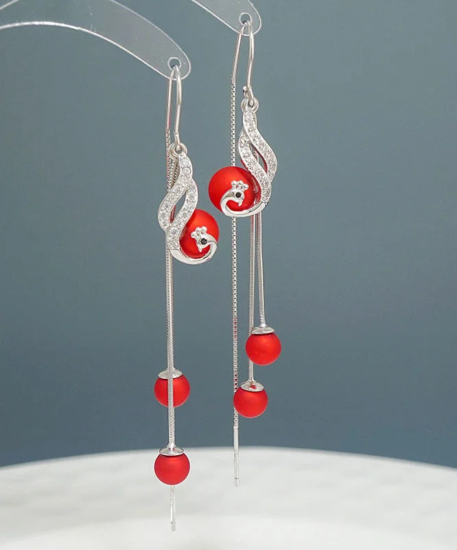 Stylish Red Pearl Phoenix S925 Silver Drop Earrings