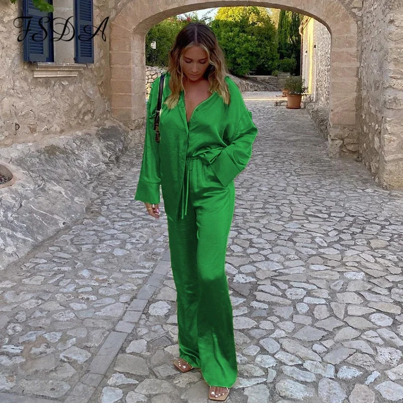 FSDA 2021 Tracksuit Satin Women Long Sleeve Top Shirts And High Waist Pants Elegant Casual Two Piece Sets Green Party Outfits