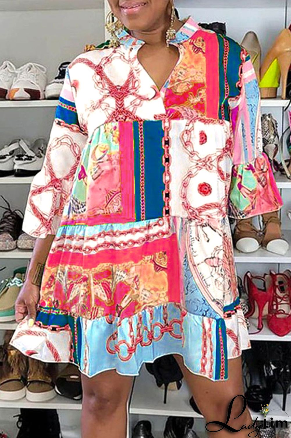 Gold Fashion Casual Print Patchwork V Neck A Line Dresses