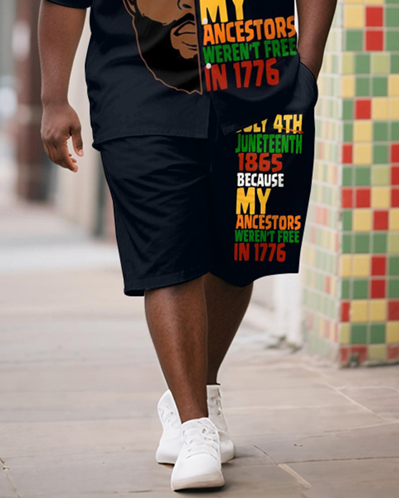 Men's Plus Size Juneteenth Photo Alphabet Print Shirt Shorts Suit