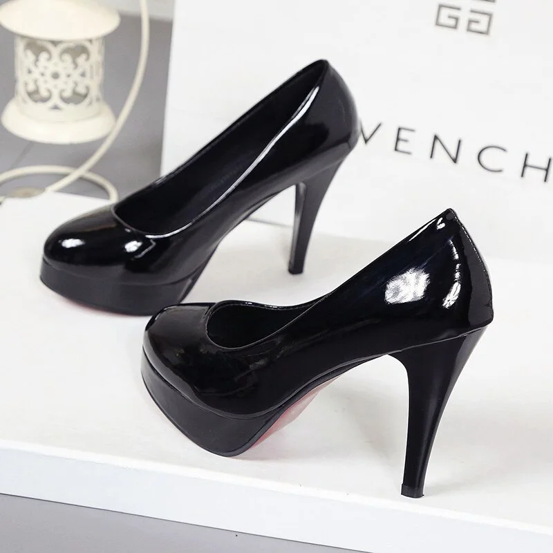 Qengg high-heeled shoes waterproof platform sexy fine with round head feet Korean women's shoes patent leather large size s071