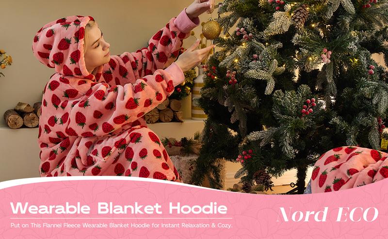 Wearable Blanket Hoodie Oversized Sherpa Fleece Hooded Sweatshirt Blanket with Sleeves,Cozy and Giant Blanket Hoodie Extra Long for Adults Women Winter Gift (Strawberry)