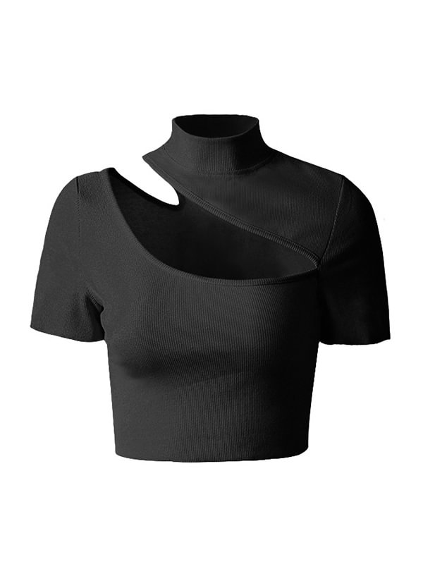 Punk Sports Asymmetric Hollow High Neck T-Shirt