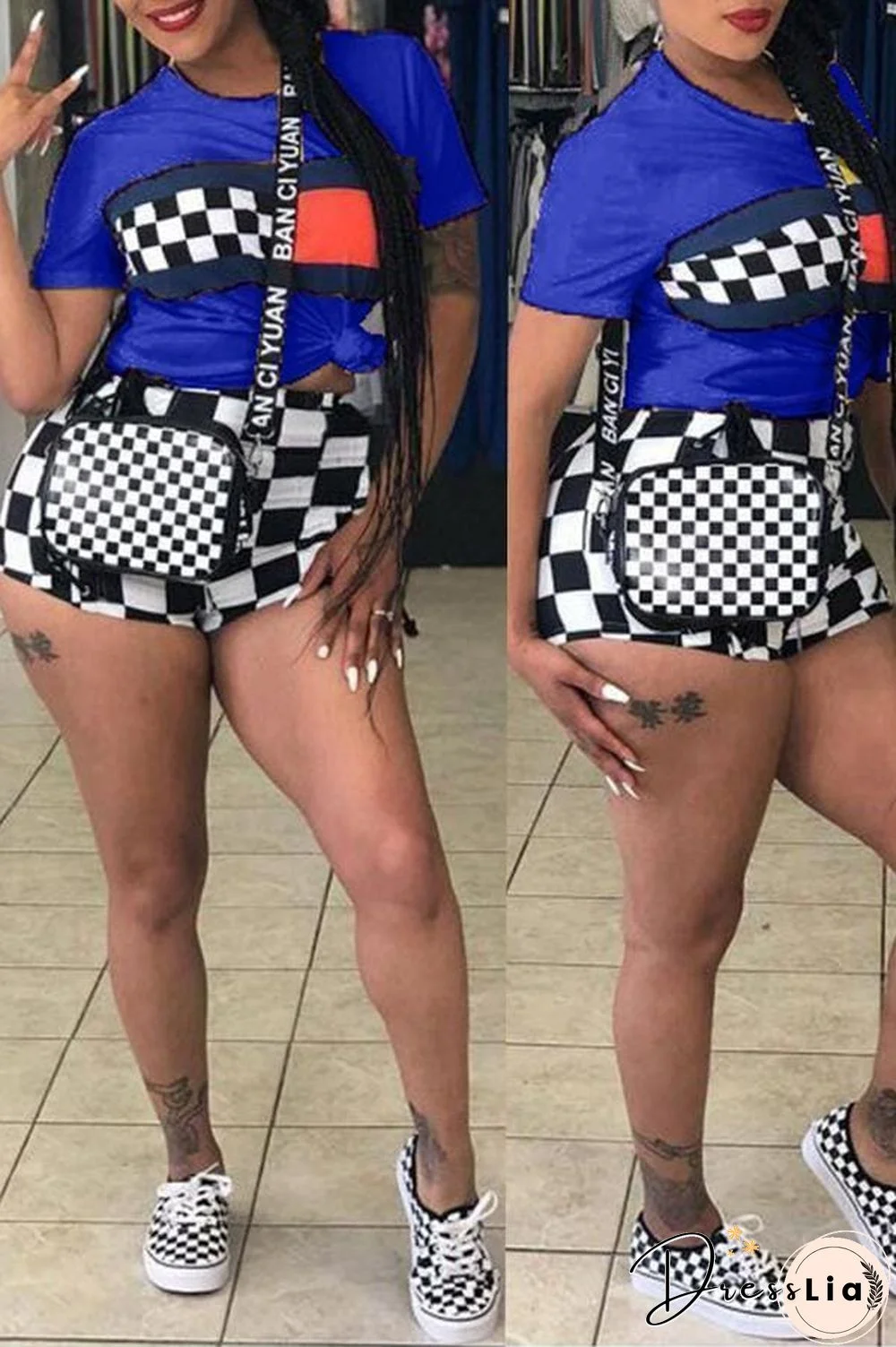 Casual Plaid Printed White Shorts Set