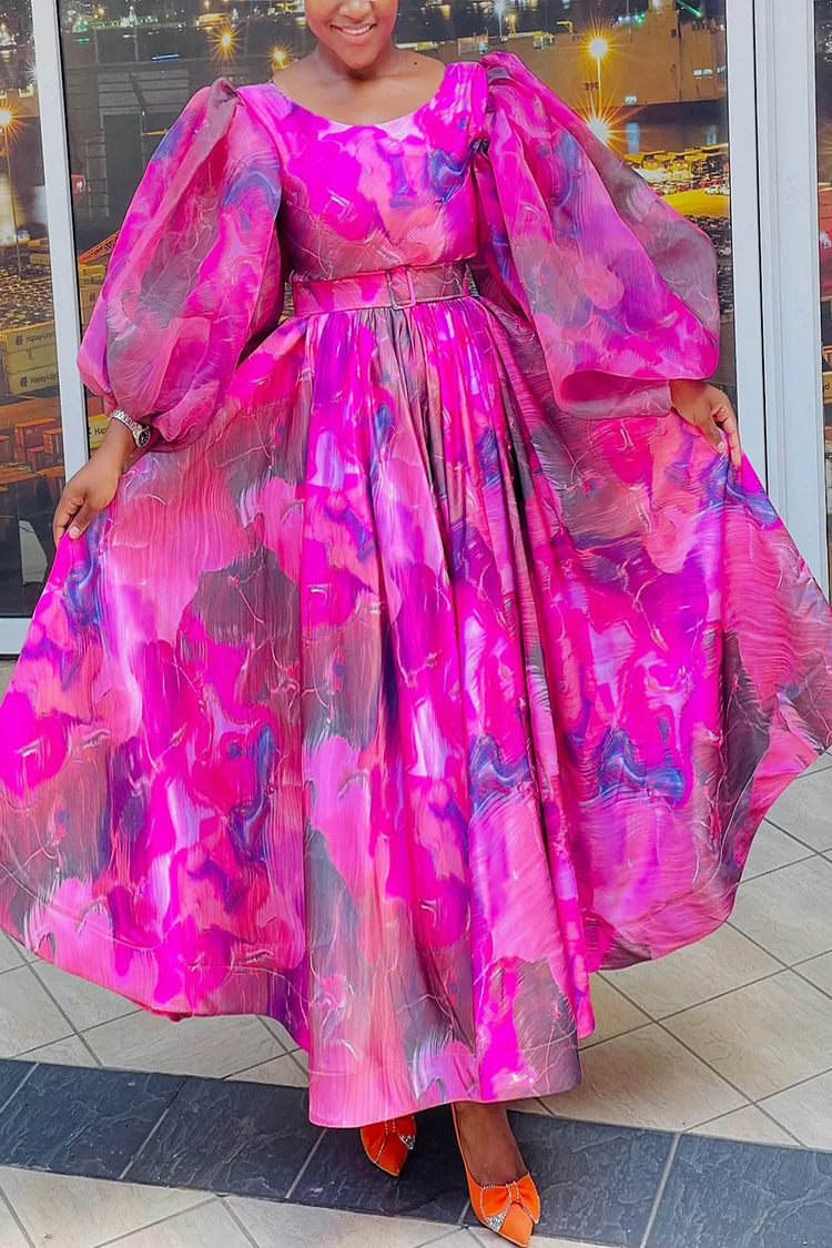 Plus Size Wedding Guest Pink Elegant Floral Round Neck Puff Sleeve 3/4 Sleeve Pleated Organza Maxi Dresses [Pre-Order] 2024 - Xpluswear