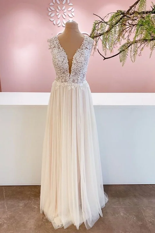 Classic A-Line Ruffles Wide Straps Floor-length Backless Wedding Dress With Floral Lace Tulle | Ballbellas Ballbellas