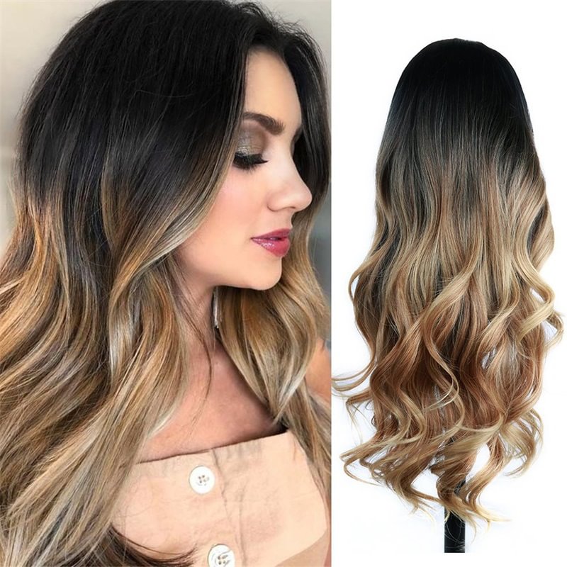 Wig Black Gradient Gold Big Wave Natural Medium Long Volume Wig Female Full Head Set -vasmok