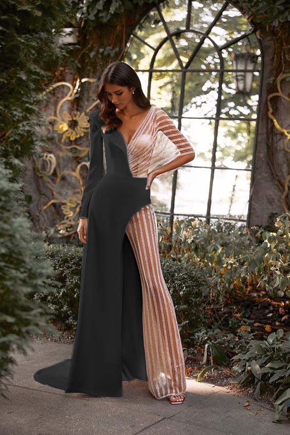 Hidais Patchwork White V Neck Long Sleeves High Waist Long Wid-Leg Jumpsuit with Tulle