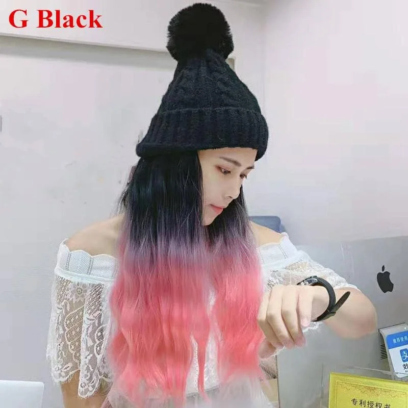Colorful Knitting Hat With Removable Long Curly Wig 6 SP14770