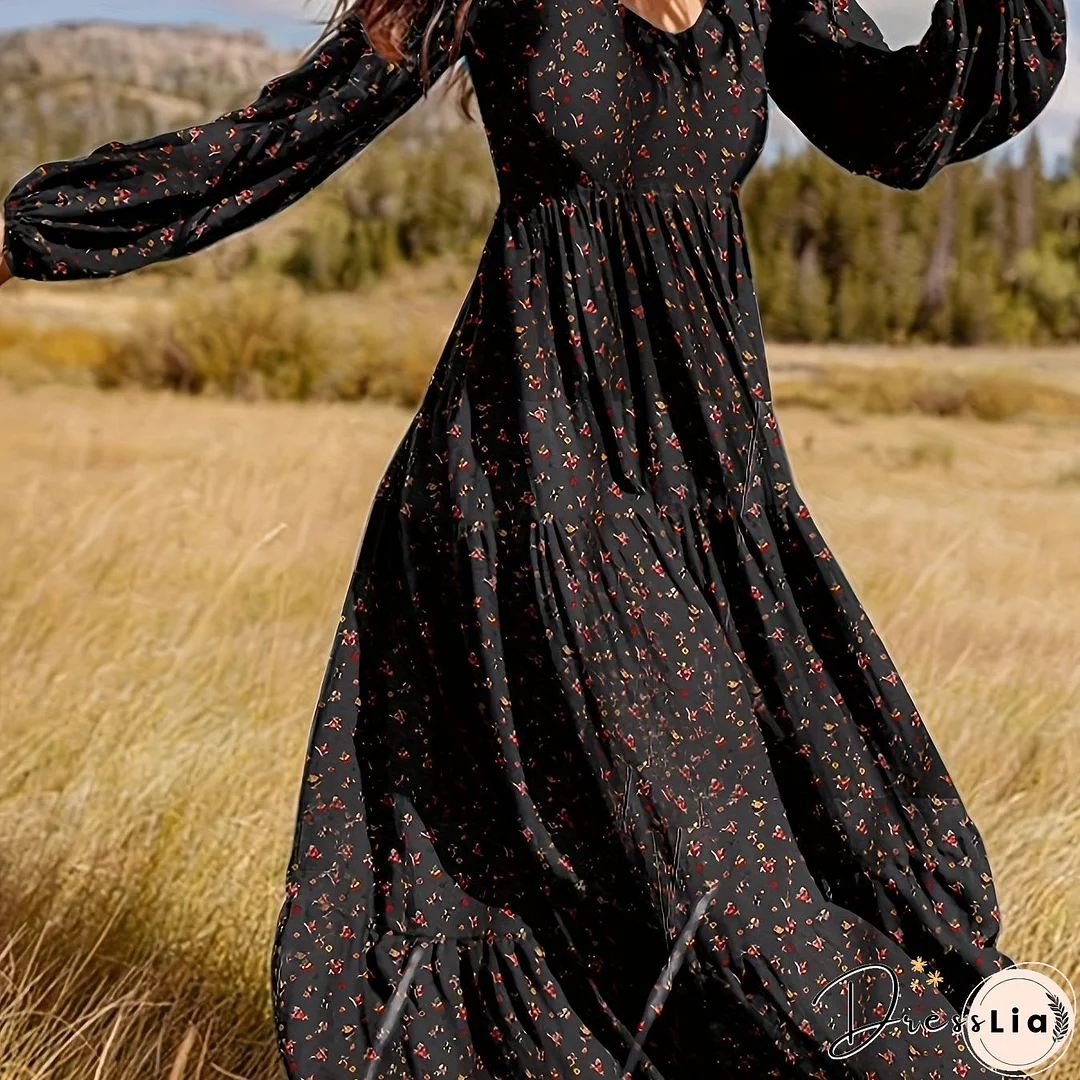 Tiered Floral Print Dress, Boho Lantern Sleeve V Neck Maxi Dress, Women's Clothing