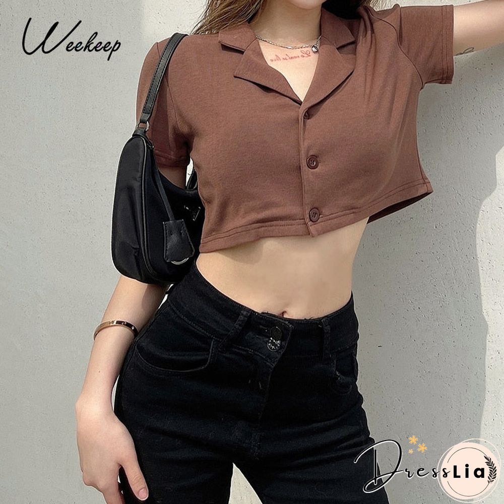 Weekeep Brown Summer Short Sleeve Cardigan Vintage Turn-down Collar Buttons Crop Top Women's Loose Streetwear Tee Shirt Harajuku