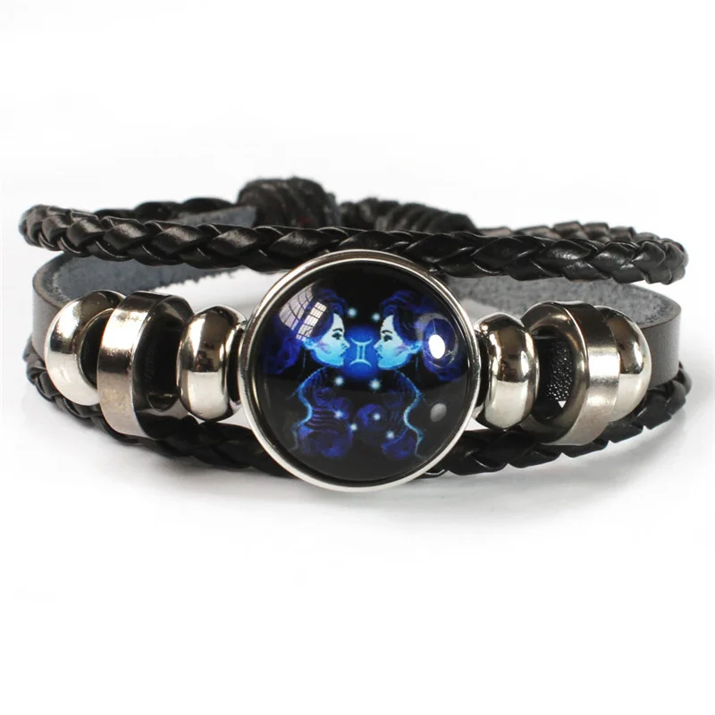 Zodiac Signs Cowhide Bracelet Leather Rope Braided Bracelet