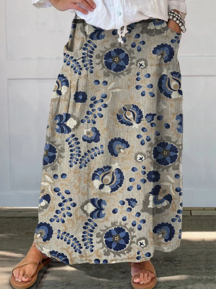 Elegant Plant Flower Curve Lines Printed Women's Casual Cotton And Linen Skirt