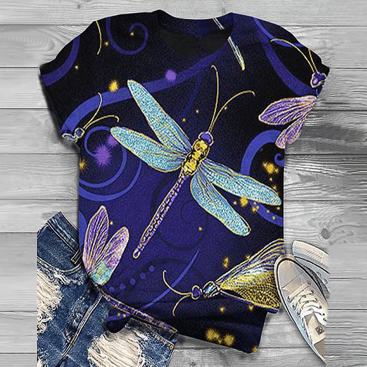 Crew Neck Contrast Dragonfly Print T-Shirt