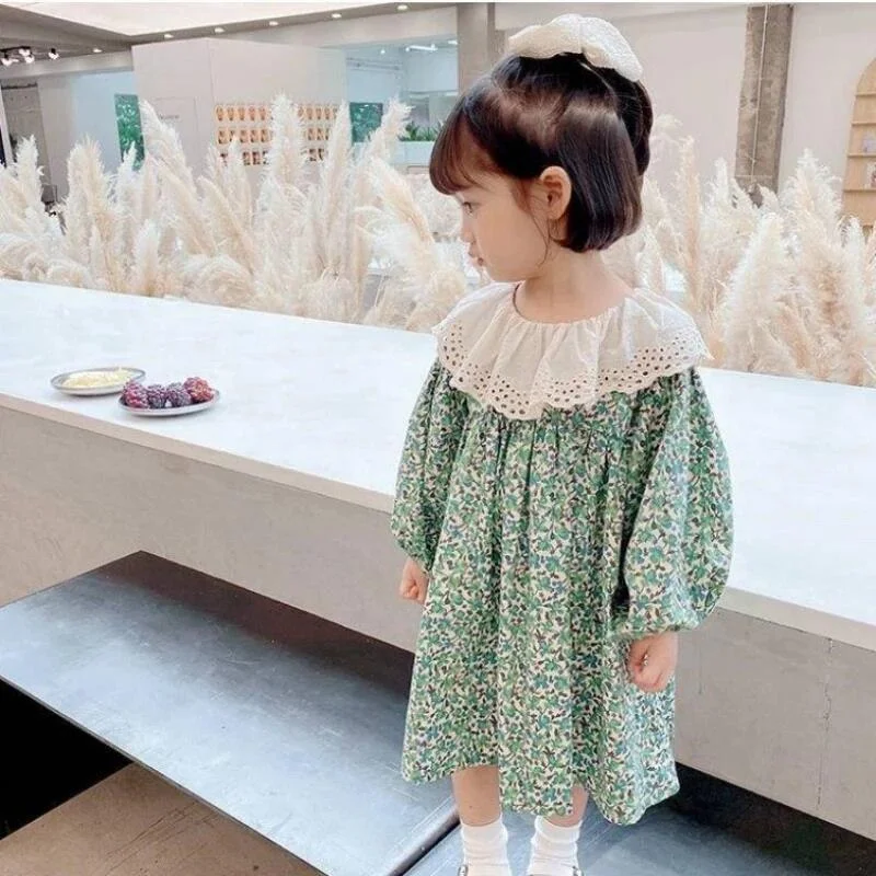 Retro Baby Spring Summer Girls Cotton Dress Kids Teenagers Children Clothes Outwear Puff Long Sleeve High Quality
