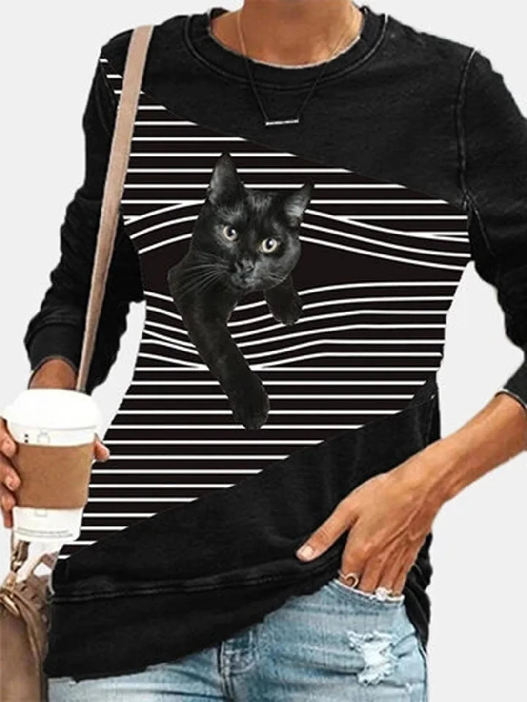 Black Cat Striped Patchwork Print Casual Sweatshirt