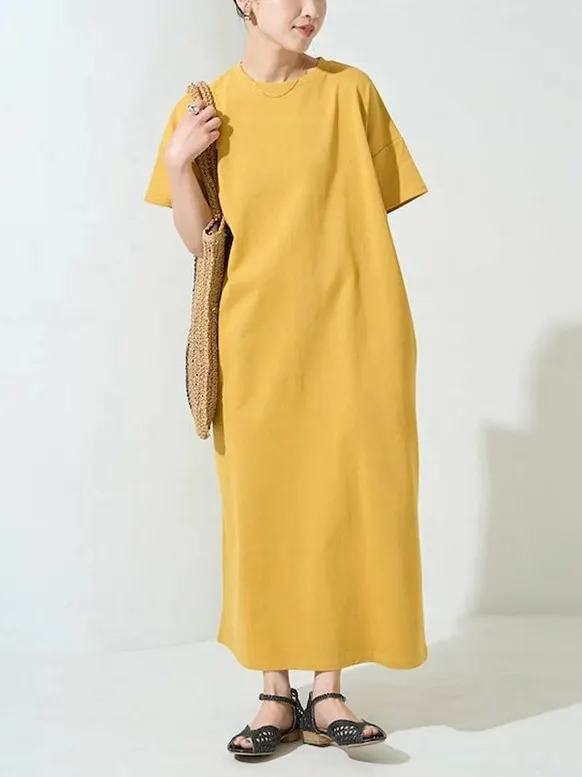 Stripe Short Sleeve Round Neck Loose Cotton Maxi Dress
