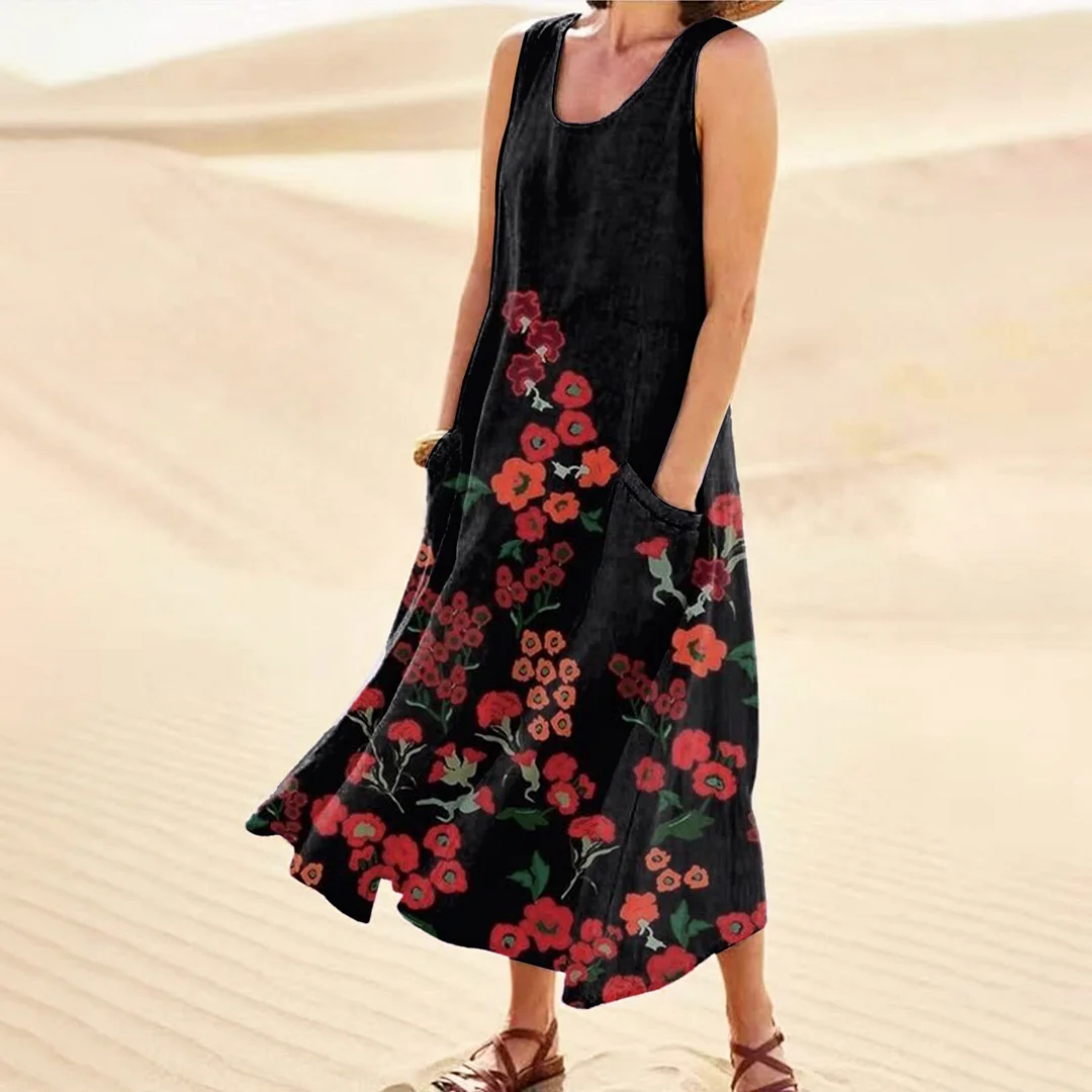 Women  Deep V-neck Midi Dress Summer Beach Sundress Printed Sleeveless Casual Daliy Boho Long Maxi Dress Vestidos De Verano