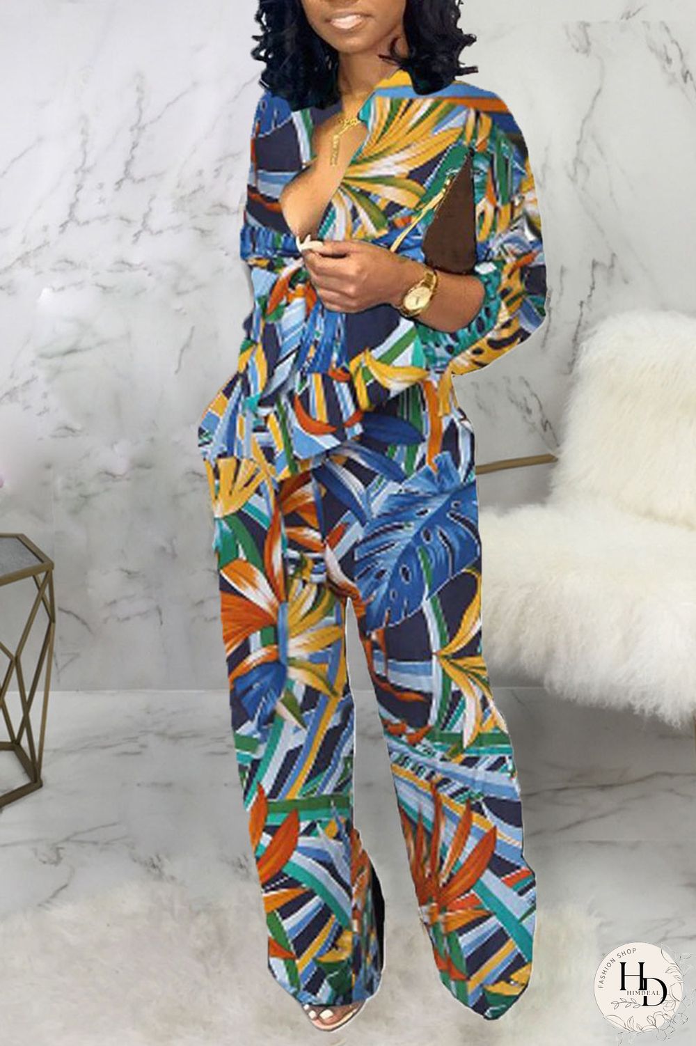 Yellow Casual Print Split Joint V Neck Straight Jumpsuits