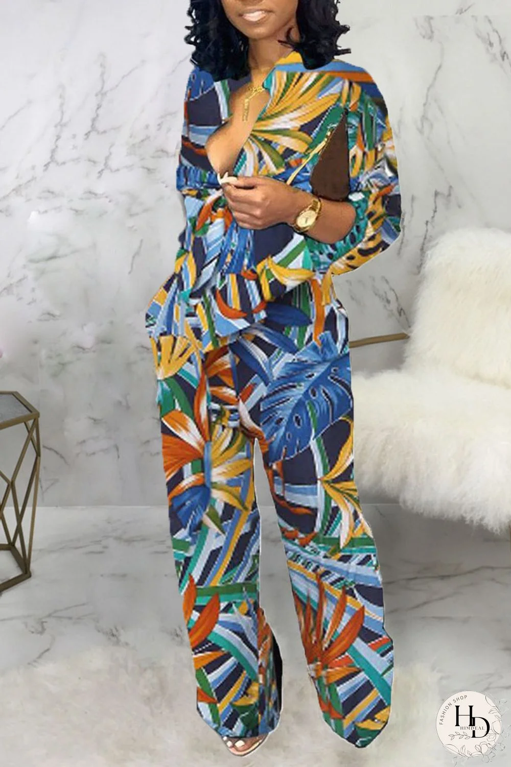 Blue Casual Print Split Joint V Neck Straight Jumpsuits